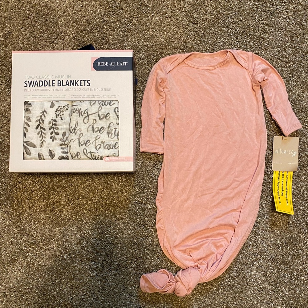 NIB (2) Swaddle Blankets and (1) 0-3 Long Sleeve Gown
